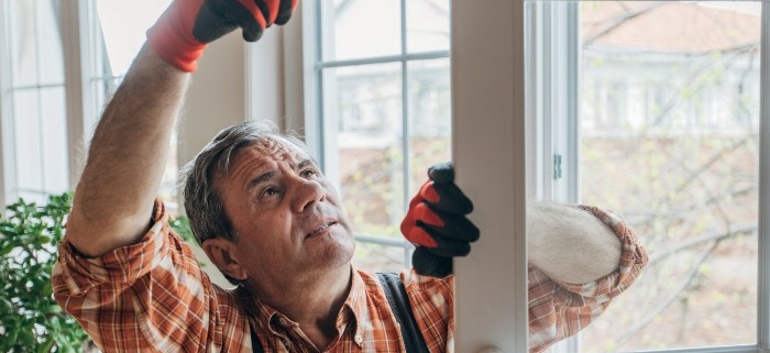 A worker installing energy efficient windows in Eastern IOWA