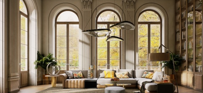 Elegant Living Room with Large Arched Windows in Eastern IOWA