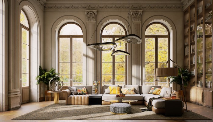 Elegant Living Room with Large Arched Windows in Eastern IOWA